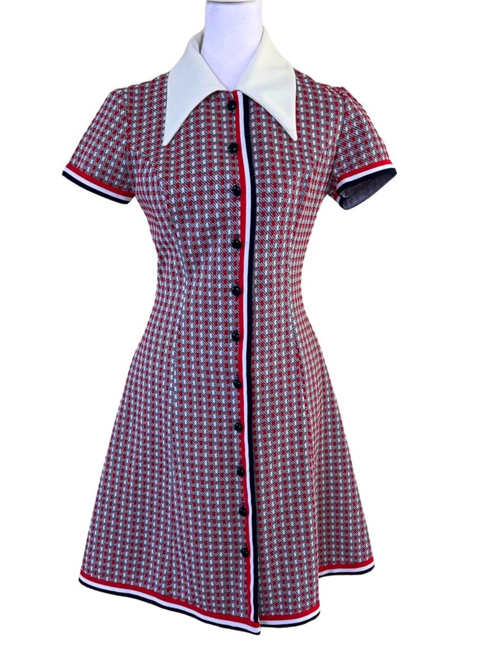 Puritan Red, White, and Blue Button-Front Mini Dress with White Collar